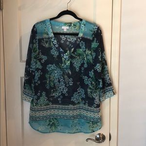 J Jill Sheer Blue & Green Floral Blouse